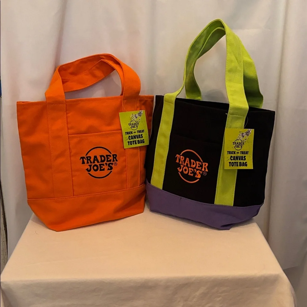 Trader Joe's Colorful Mini Canvas Tote Bags - Orange, Black, and Purple